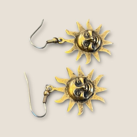 Sun Face Gold Tone Bohemian Dangle Earrings For Women - Picture 3 of 3